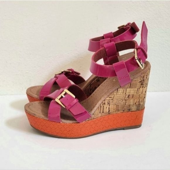 Aldo Espadrille Patent Fuchsia Orange Wedge Sandal - Picture 2 of 12